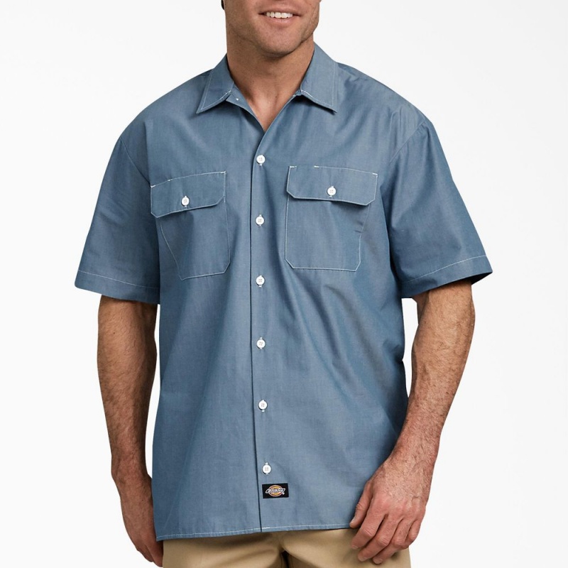 Blue Dickies Relaxed Fit Short Sleeve Chambray Men\'s Shirt | 087-UJSGQZ