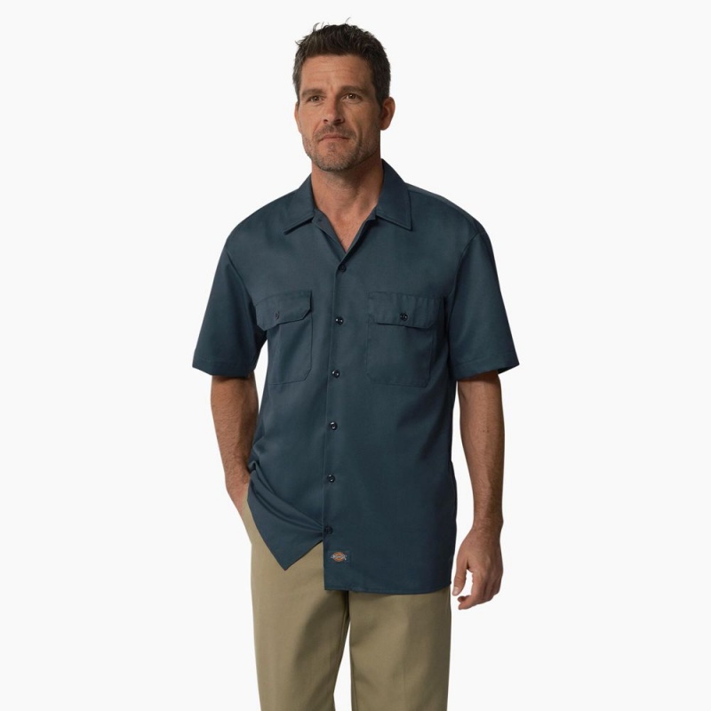 Blue Dickies Short Sleeve Men\'s Work Shirts | 350-XVUDCK