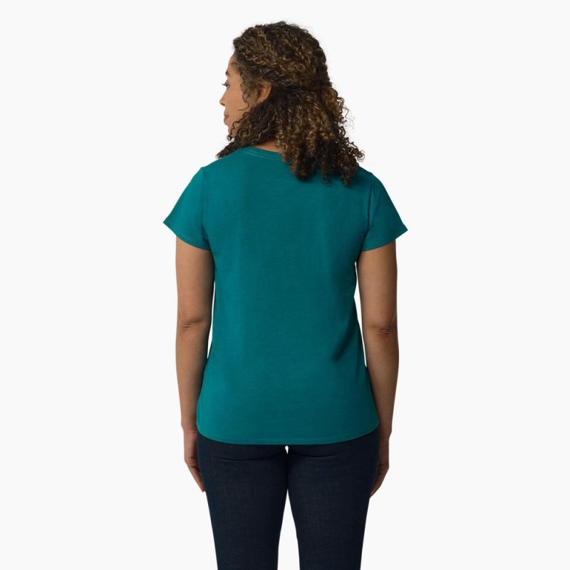 Blue Dickies Short Sleeve V-Neck Women's T-Shirt | 035-PSCMVF