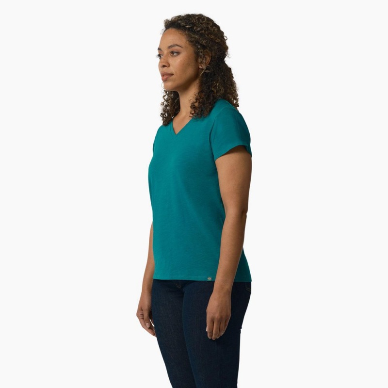 Blue Dickies Short Sleeve V-Neck Women's T-Shirt | 035-PSCMVF