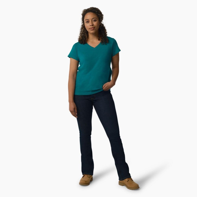 Blue Dickies Short Sleeve V-Neck Women's T-Shirt | 035-PSCMVF