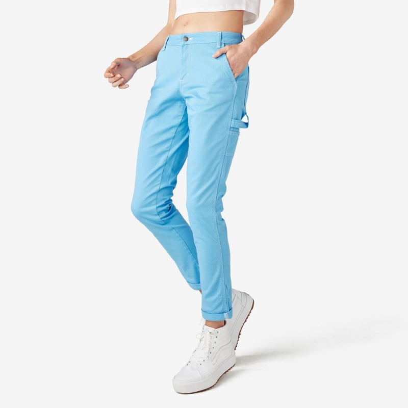 Blue Dickies Slim Straight Fit Roll Hem Carpenter Women's Pants | 534-GUAOJI