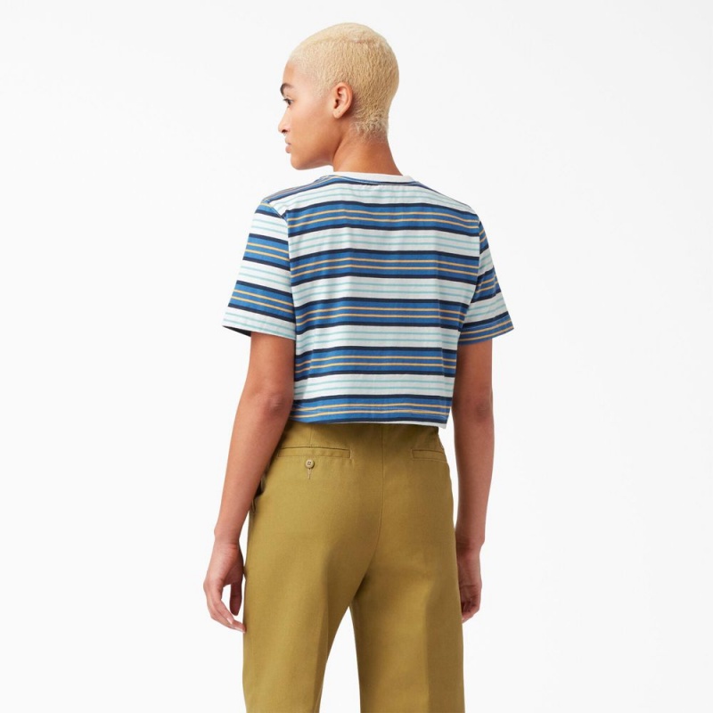 Blue Dickies Striped Cropped Pocket Women's T-Shirt | 920-TZHLAJ