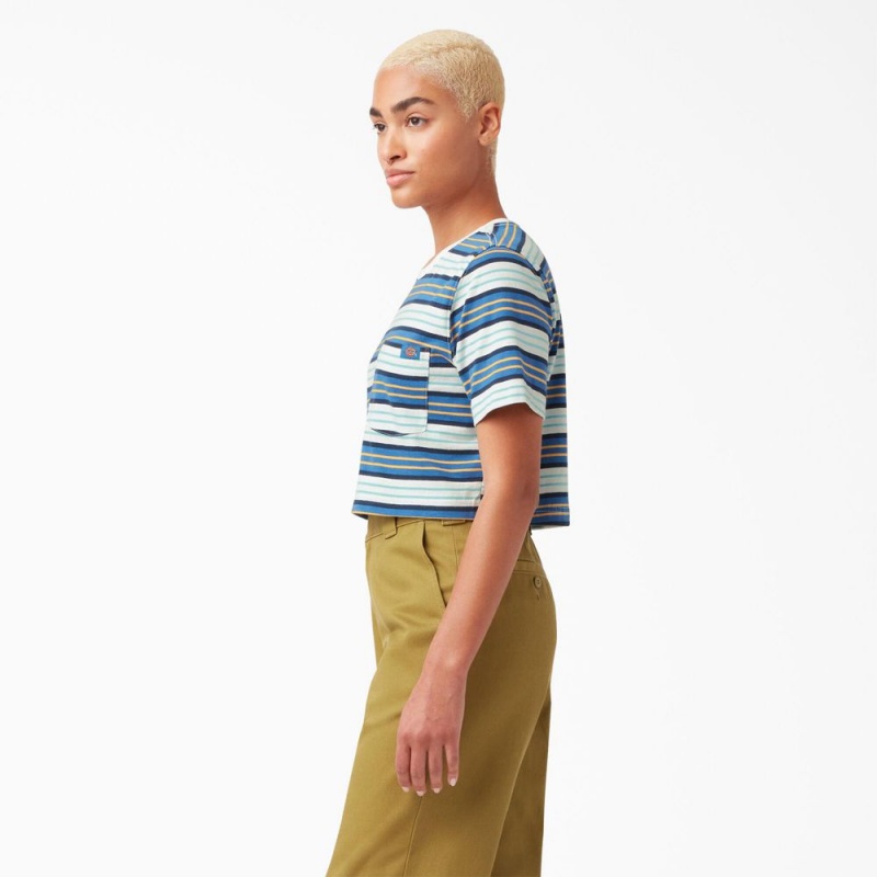 Blue Dickies Striped Cropped Pocket Women's T-Shirt | 920-TZHLAJ