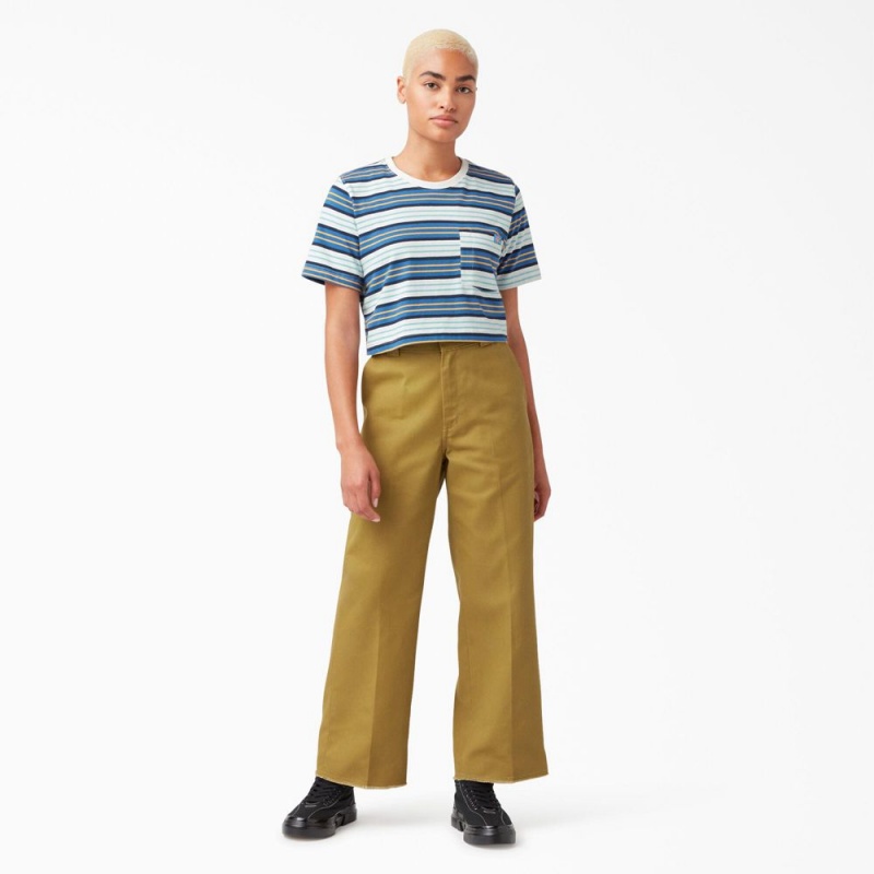 Blue Dickies Striped Cropped Pocket Women's T-Shirt | 920-TZHLAJ