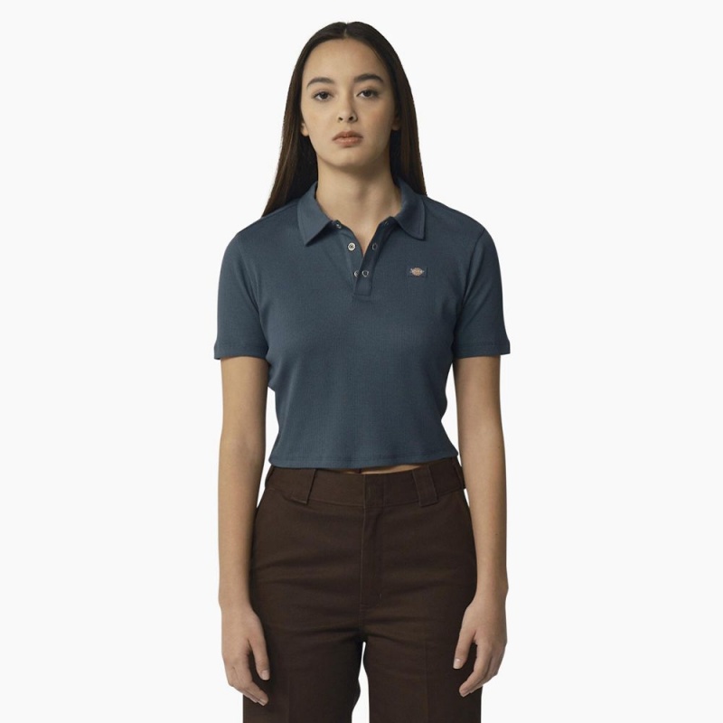 Blue Dickies Tallasee Short Sleeve Cropped Women\'s Polo Shirt | 674-ETZHLD