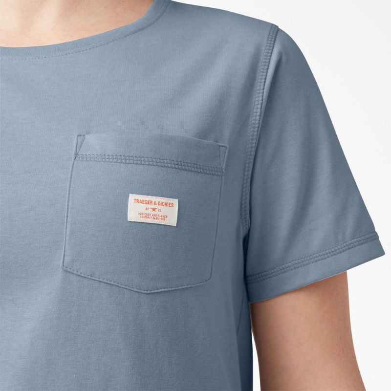 Blue Dickies Traeger x Pocket Women's T-Shirt | 285-KBTXRW