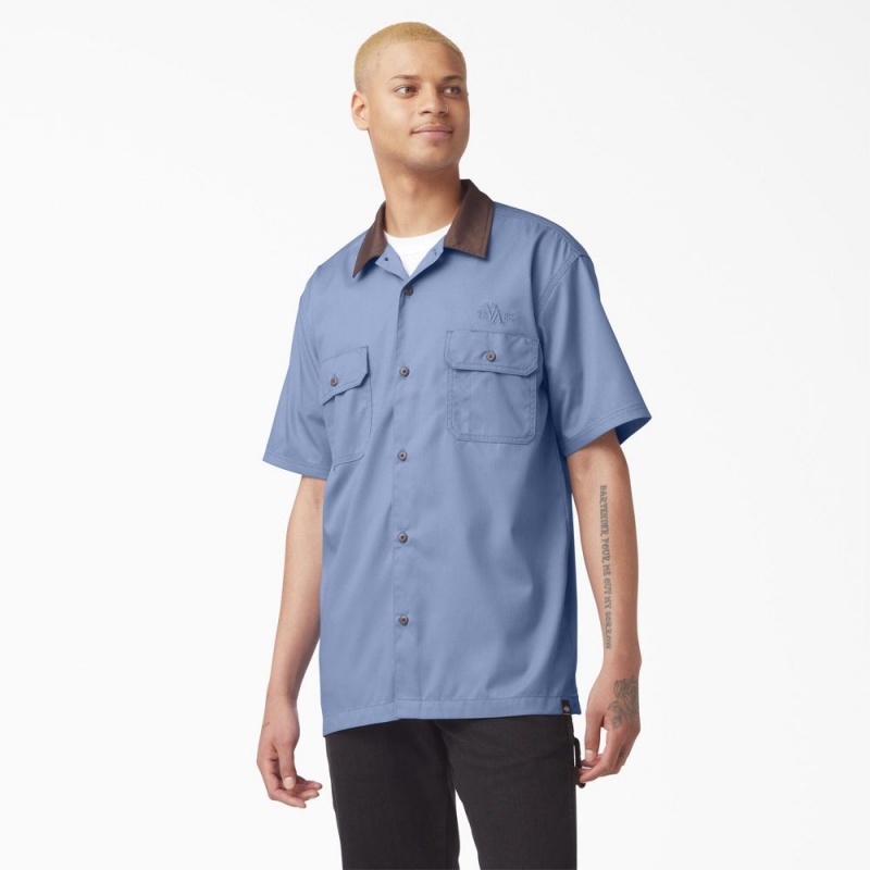 Blue Dickies Vincent Alvarez Block Collar Men\'s Work Shirts | 567-TPZXGK