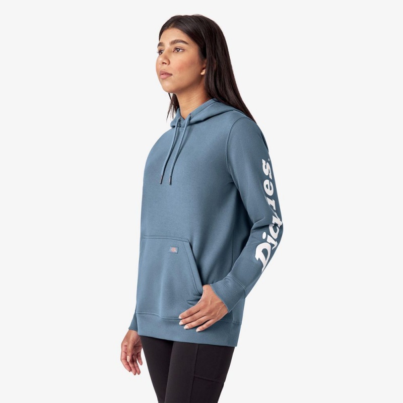 Blue Dickies Water Repellent Sleeve Logo Women's Hoodie | 138-ALJUVF