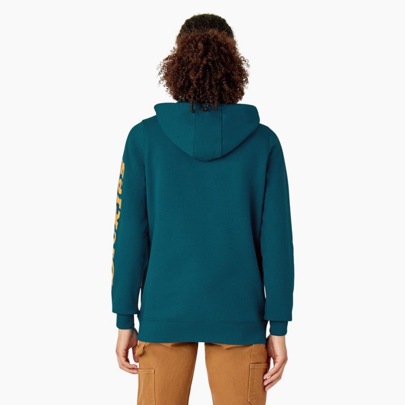 Blue Dickies Water Repellent Sleeve Logo Women's Hoodie | 421-PHYWDU