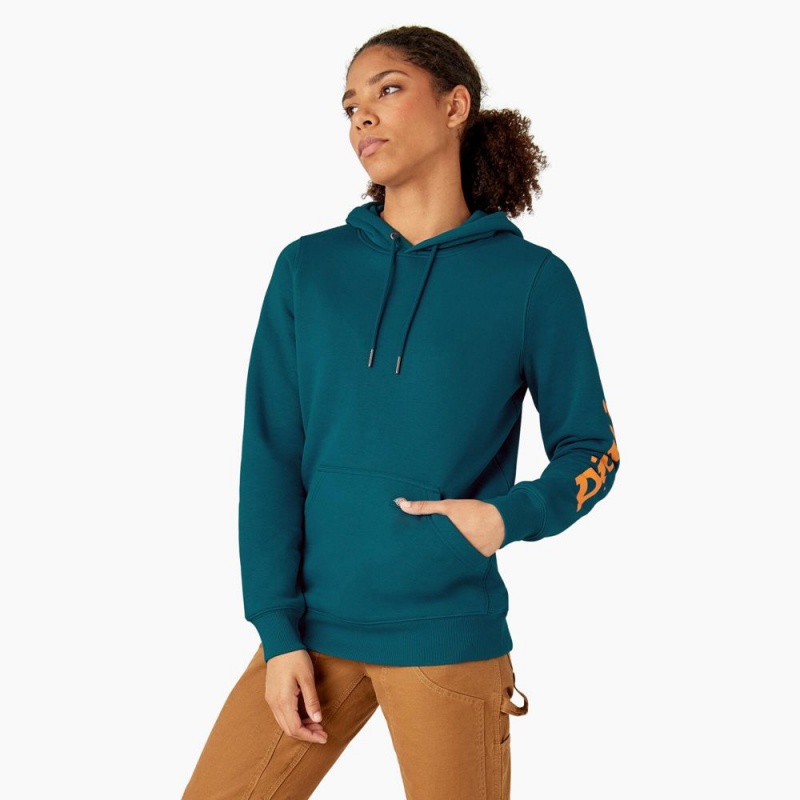 Blue Dickies Water Repellent Sleeve Logo Women's Hoodie | 421-PHYWDU