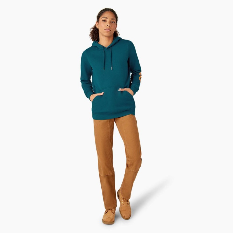 Blue Dickies Water Repellent Sleeve Logo Women's Hoodie | 421-PHYWDU