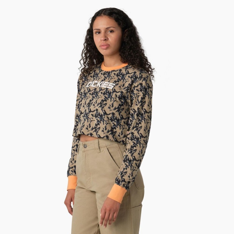 Brown Dickies Camo Long Sleeve Cropped Women's T-Shirt | 863-QKZRVU