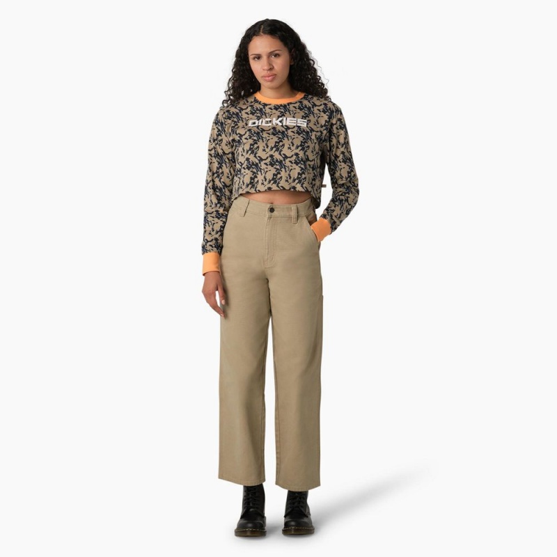 Brown Dickies Camo Long Sleeve Cropped Women's T-Shirt | 863-QKZRVU