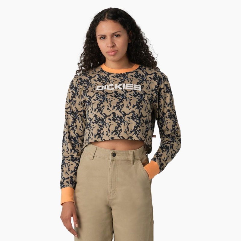 Brown Dickies Camo Long Sleeve Cropped Women\'s T-Shirt | 863-QKZRVU