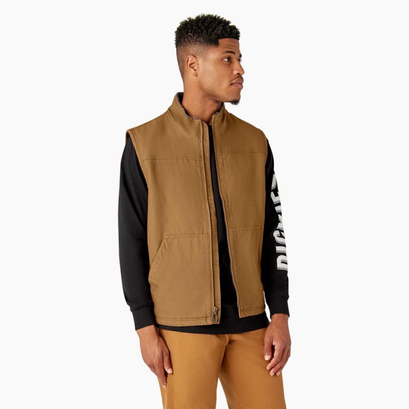 Brown Dickies Duck Canvas High Pile Fleece Lined Men's Vest | 763-LMJSZT