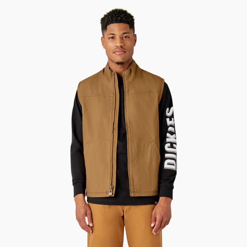 Brown Dickies Duck Canvas High Pile Fleece Lined Men\'s Vest | 763-LMJSZT