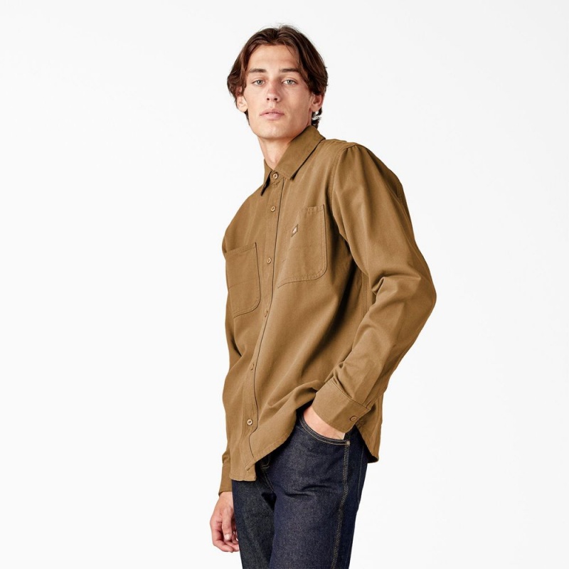 Brown Dickies Duck Canvas Long Sleeve Utility Men's Shirt | 213-AVOQNF