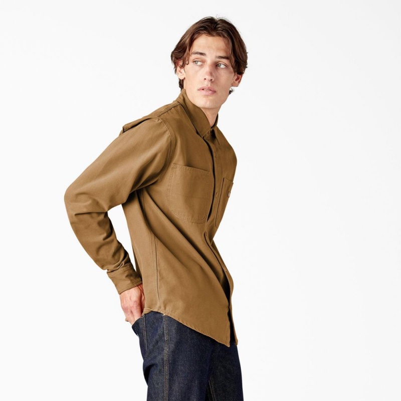 Brown Dickies Duck Canvas Long Sleeve Utility Men's Shirt | 213-AVOQNF