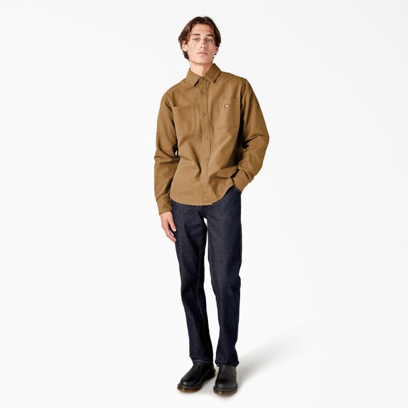 Brown Dickies Duck Canvas Long Sleeve Utility Men's Shirt | 213-AVOQNF