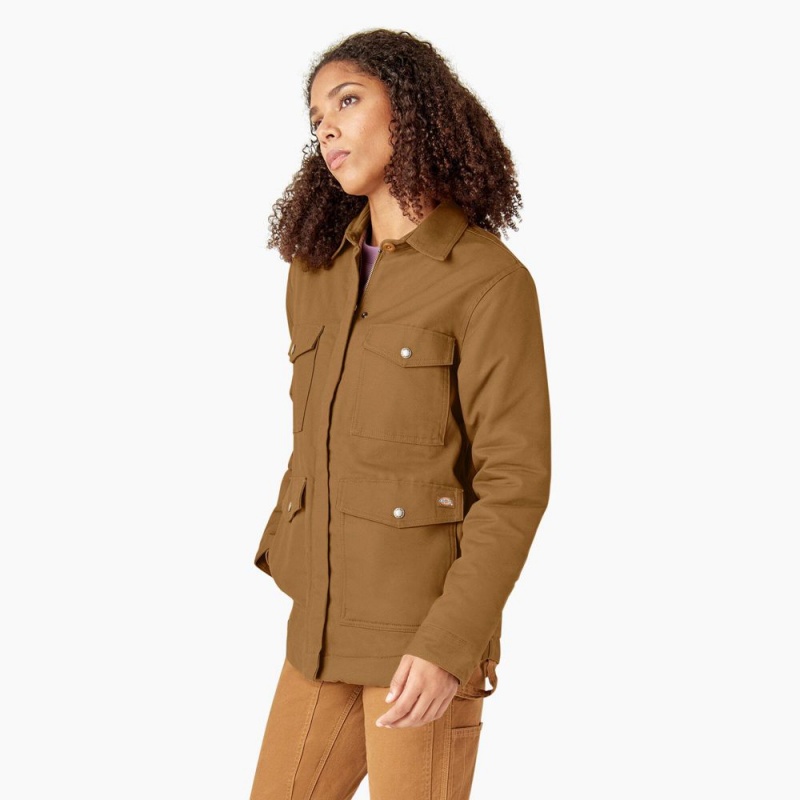 Brown Dickies Duck High Pile Fleece Lined Chore Coat Women's Jacket | 052-OCXFTH