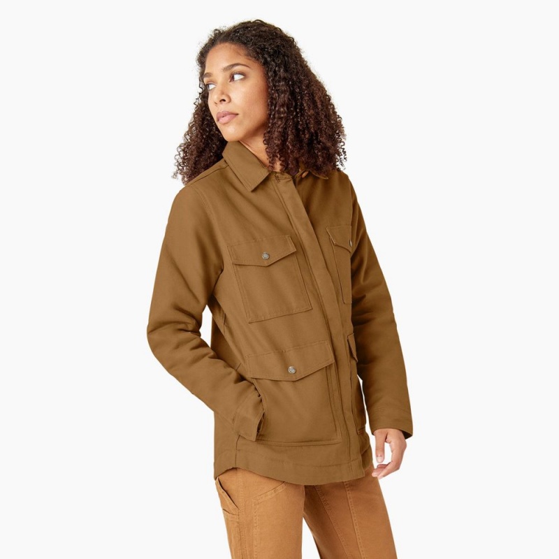 Brown Dickies Duck High Pile Fleece Lined Chore Coat Women's Jacket | 052-OCXFTH