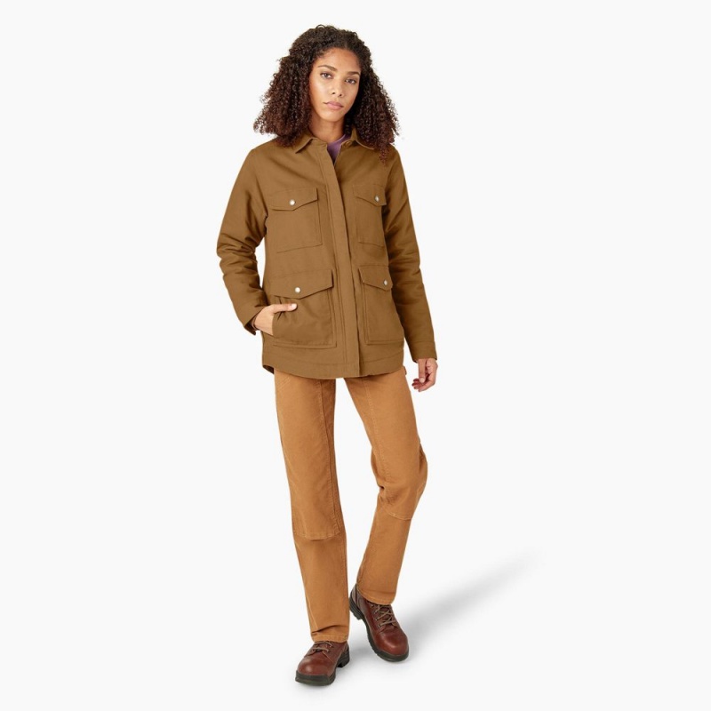 Brown Dickies Duck High Pile Fleece Lined Chore Coat Women's Jacket | 052-OCXFTH