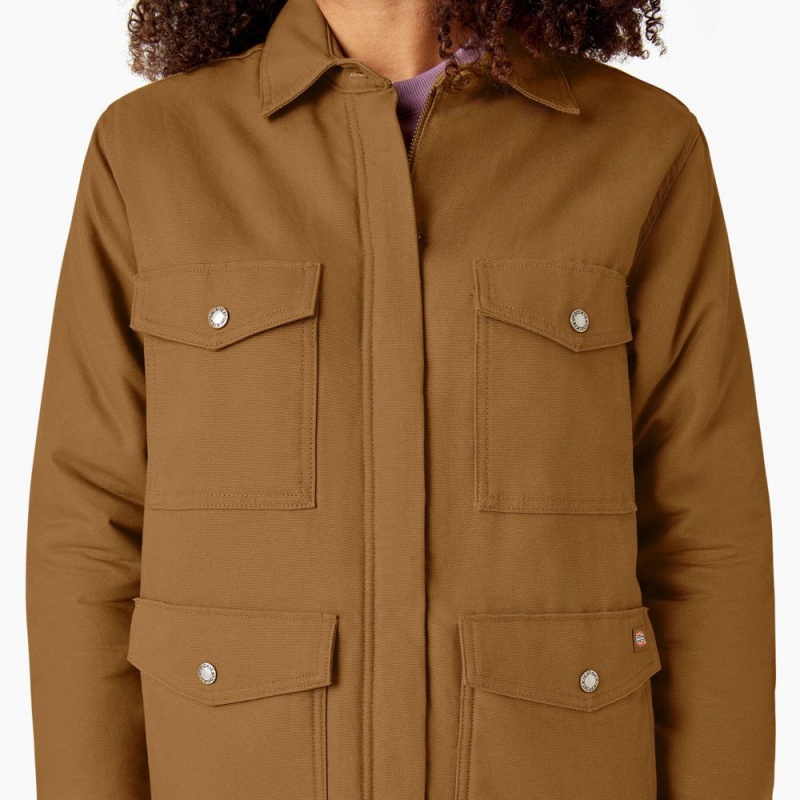 Brown Dickies Duck High Pile Fleece Lined Chore Coat Women's Jacket | 052-OCXFTH