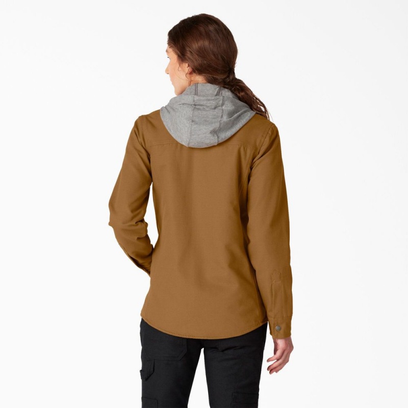 Brown Dickies Duck Hooded Shirt Women's Jacket | 789-NYADKI