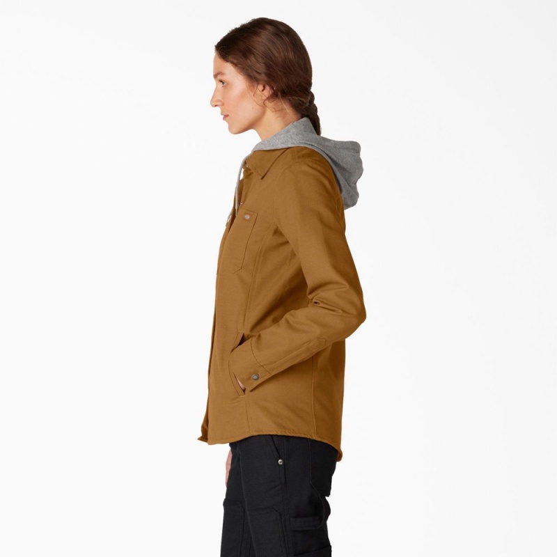 Brown Dickies Duck Hooded Shirt Women's Jacket | 789-NYADKI