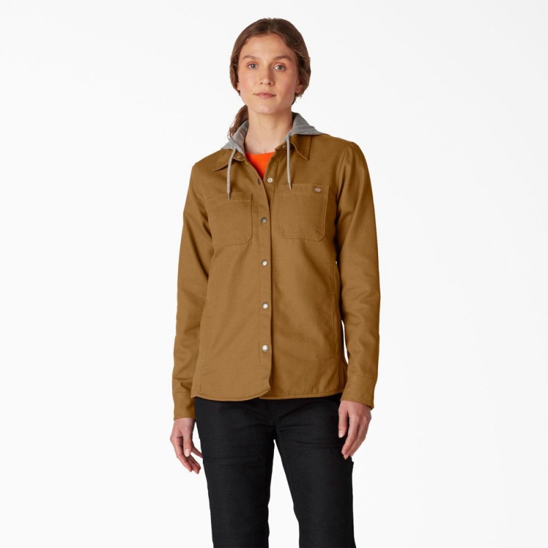 Brown Dickies Duck Hooded Shirt Women\'s Jacket | 789-NYADKI