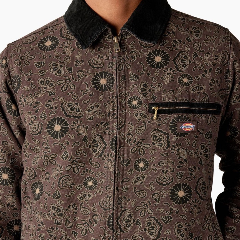 Brown Dickies Ellis Floral Print Duck Canvas Men's Jacket | 378-QSBATY