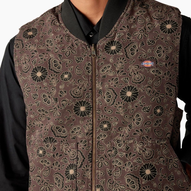 Brown Dickies Ellis Floral Print Reversible Men's Vest | 842-YPNSET