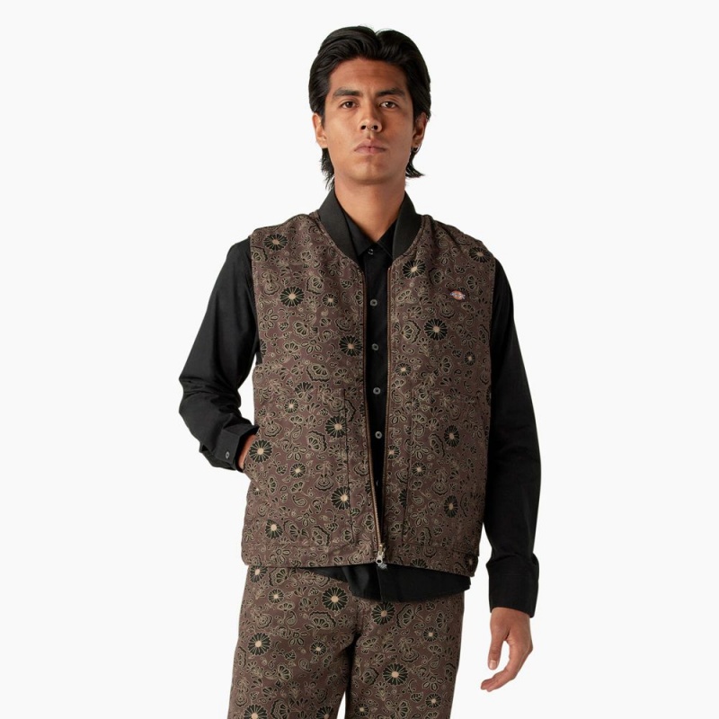 Brown Dickies Ellis Floral Print Reversible Men\'s Vest | 842-YPNSET