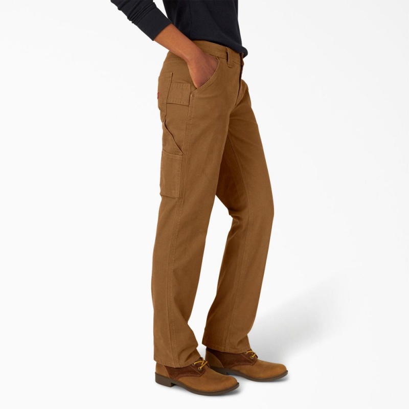 Brown Dickies FLEX Relaxed Straight Fit Duck Carpenter Women's Pants | 328-MOCUHL