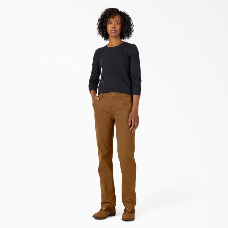 Brown Dickies FLEX Relaxed Straight Fit Duck Carpenter Women's Pants | 328-MOCUHL