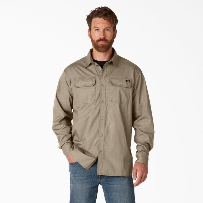 Brown Dickies FLEX Ripstop Long Sleeve Men\'s Shirt | 564-CGASTM