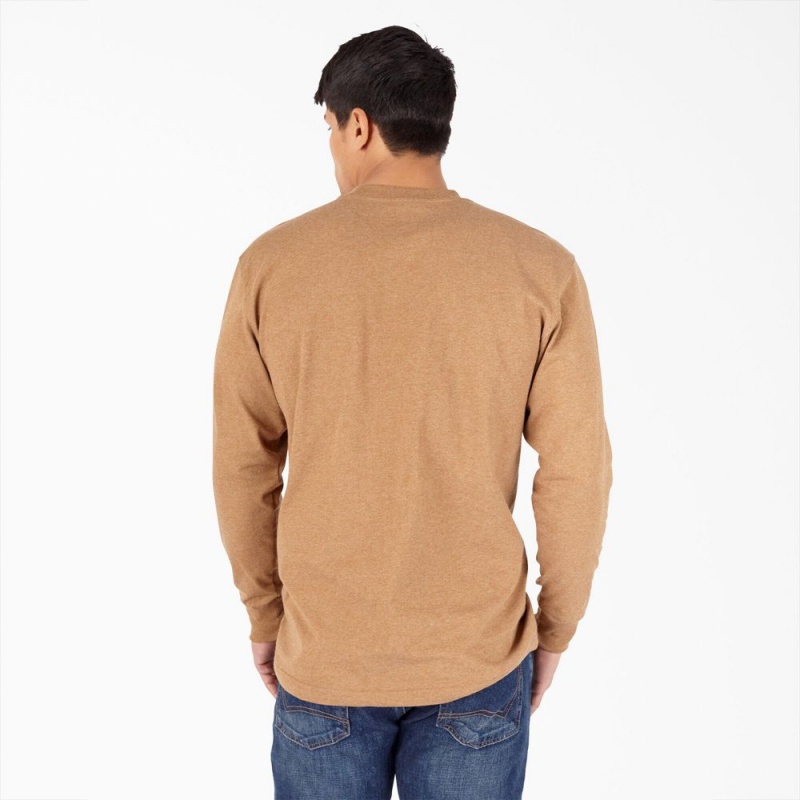 Brown Dickies Heavyweight Heathered Long Sleeve Henley Men's T-Shirt | 671-RYCJHS