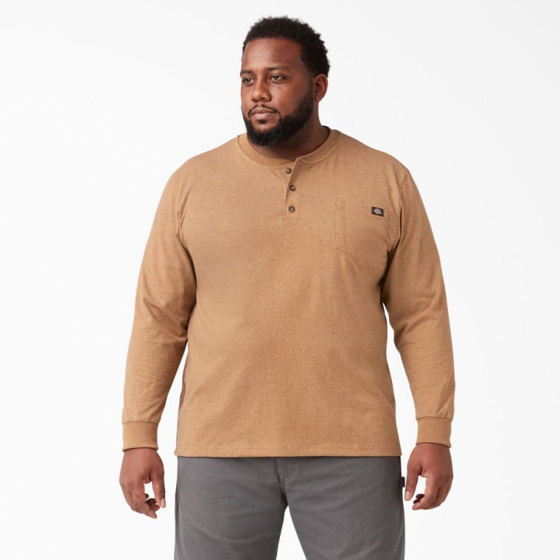 Brown Dickies Heavyweight Heathered Long Sleeve Henley Men's T-Shirt | 671-RYCJHS