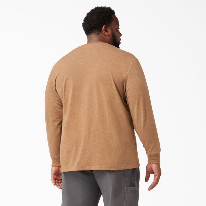 Brown Dickies Heavyweight Heathered Long Sleeve Henley Men's T-Shirt | 671-RYCJHS