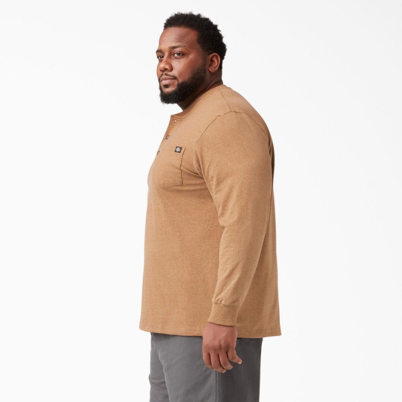 Brown Dickies Heavyweight Heathered Long Sleeve Henley Men's T-Shirt | 671-RYCJHS