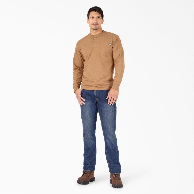 Brown Dickies Heavyweight Heathered Long Sleeve Henley Men's T-Shirt | 671-RYCJHS