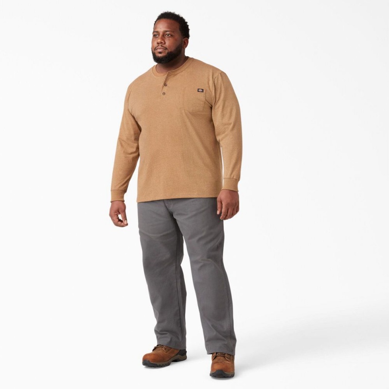 Brown Dickies Heavyweight Heathered Long Sleeve Henley Men's T-Shirt | 671-RYCJHS