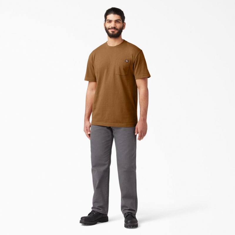 Brown Dickies Heavyweight Short Sleeve Pocket Men's T-Shirt | 547-ZMBUJY