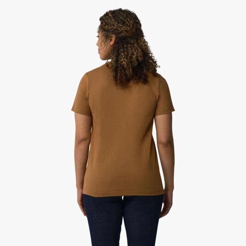 Brown Dickies Heavyweight Short Sleeve Pocket Women's T-Shirt | 947-HTCIRD