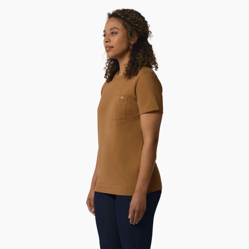 Brown Dickies Heavyweight Short Sleeve Pocket Women's T-Shirt | 947-HTCIRD