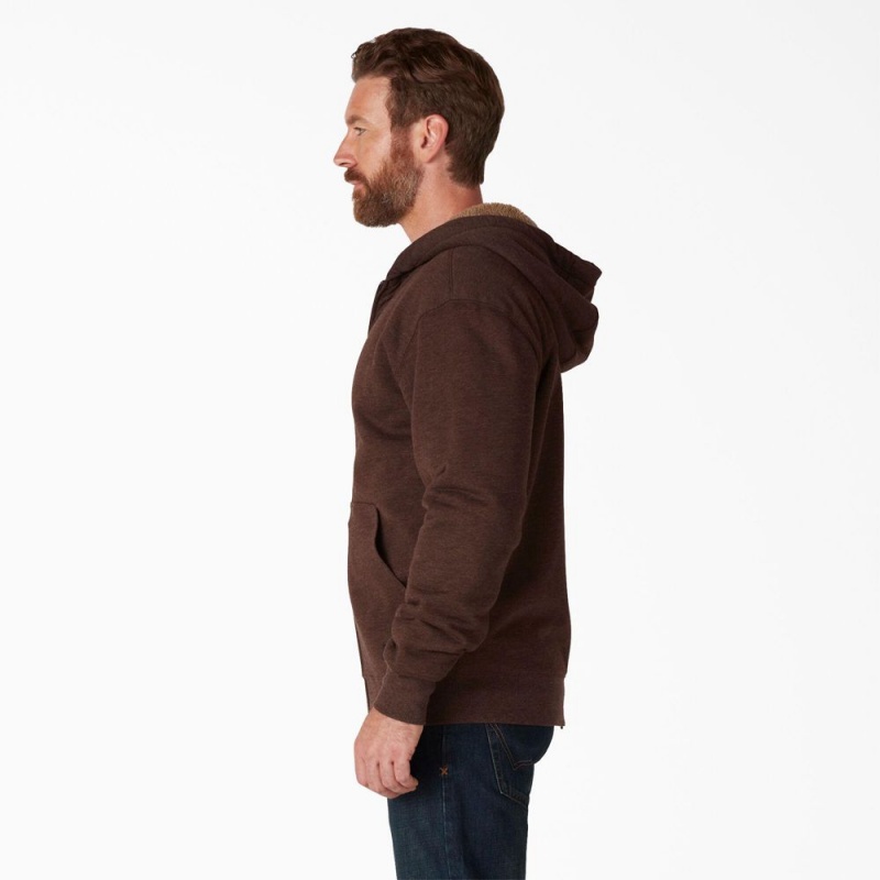 Brown Dickies High Pile Fleece Lined Full Zip Men's Hoodie | 607-UJTPGR