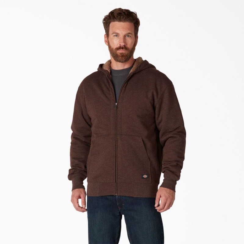 Brown Dickies High Pile Fleece Lined Full Zip Men\'s Hoodie | 607-UJTPGR