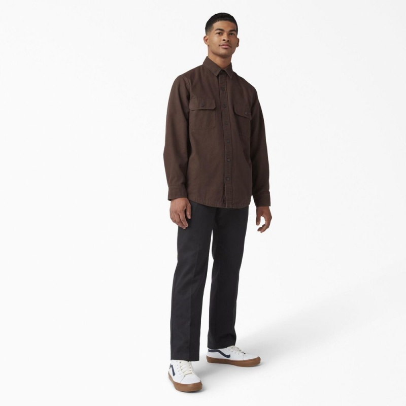 Brown Dickies Long Sleeve Flannel-Lined Duck Men's Shirt | 417-UNSWIK