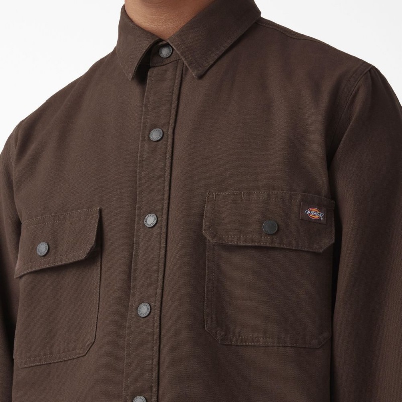 Brown Dickies Long Sleeve Flannel-Lined Duck Men's Shirt | 417-UNSWIK